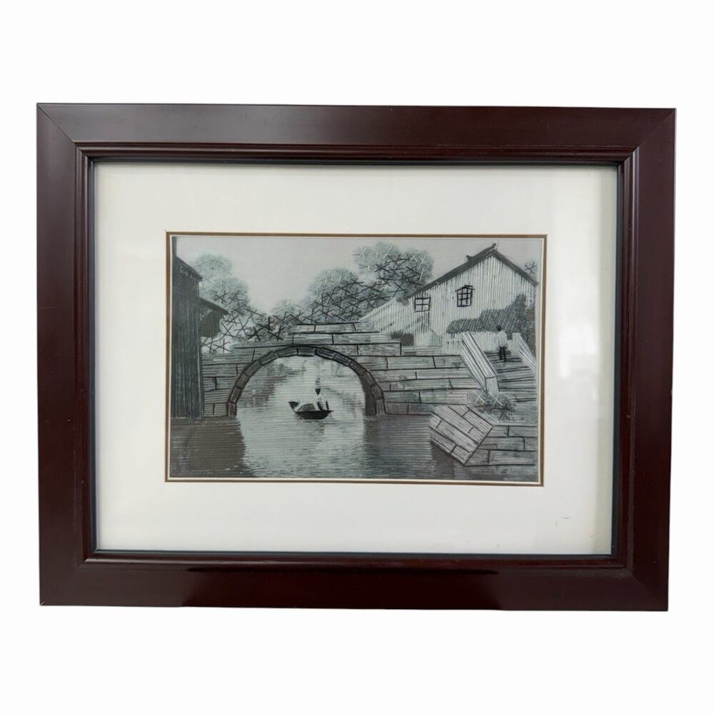 Suzhou King Silk Chinese Hand Stitch Canal & Bridge Scenery Embroidered Art